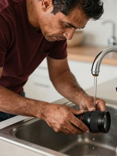 Medium close-up of a Hispanic tradesman in his 40s, hands-on, repairing a leaking sink in a modern kitchen, focused work under natural light, deep earth tones, sharp focus, 35mm lens.