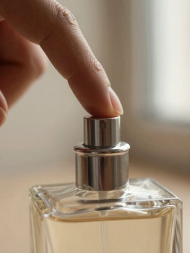 Macro close-up of a finger pressing down on a sleek glass perfume bottle's metal spray nozzle, warm directional window light, soft shadows, shallow depth of field.