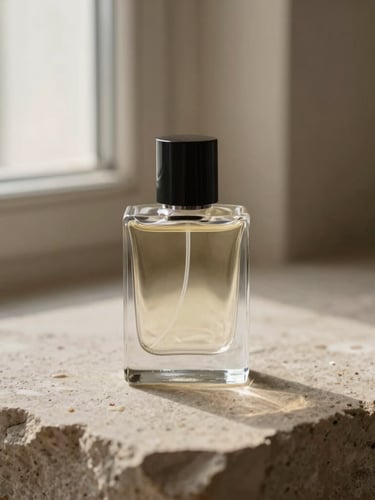 Sleek glass perfume bottle resting on textured warm stone, soft directional window light, minimalist neutral tones, macro lens, shallow depth of field