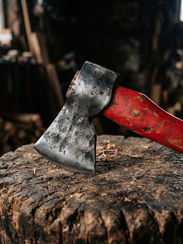 Close-up macro of a hand-forged steel axe head with a painted red handle, resting on a rustic wooden chopping block, warm natural workshop light with deep shadows