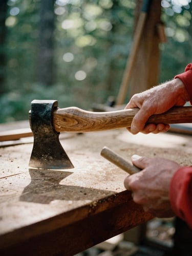 Close-up of a craftsman hands oiling a straight-grained hickory axe handle inside a sunlit wooden workshop, natural shadows