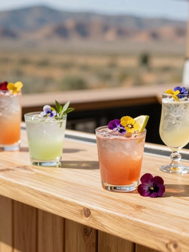 Bright editorial photography of a modern wooden bar setup outdoors in sunlit Utah, vibrant cocktails with edible flower garnishes, shallow depth of field, 35mm
