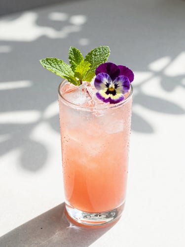 Bright editorial photography of a vibrant pink cocktail garnished with edible pansies and fresh mint, soft sun-dappled daylight, shallow depth of field, 35mm