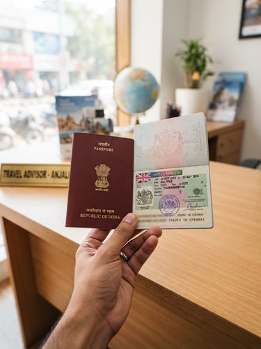 Vibrant editorial travel photography, close-up of a traveler's hand holding an Indian passport with an approved visa stamp over a clean wooden travel agency desk, bright natural daylight from a window, professional depth of field