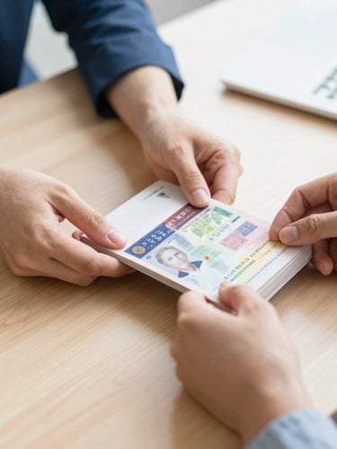 Bright editorial travel photography, close-up of hands organizing passports with approved visa stamps on a clean wooden desk, natural daylight, professional depth of field.