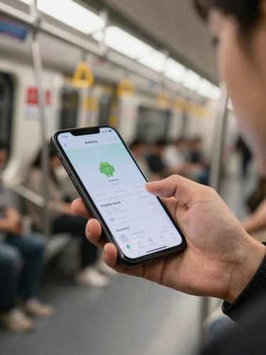 Hand holding an Android phone on a subway commute, app interface clearly visible mid-interaction, bright ambient light, natural candid framing, warm neutral tones