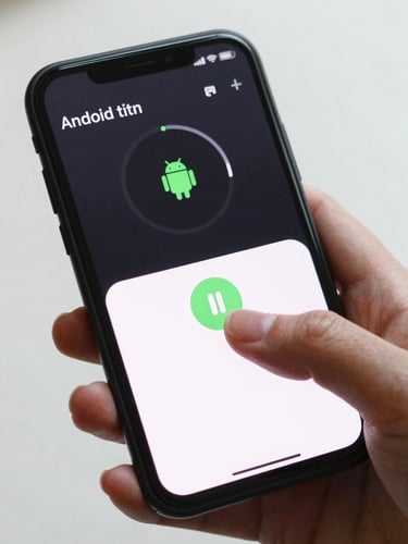Android timer and interval app interface shown close-up mid-session, finger hovering over pause button, clean bright background, phone held naturally