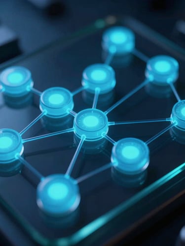 Macro close-up of a complex database schema, glowing cyan nodes and dark glass plates, cool ambient indigo lighting, high contrast.