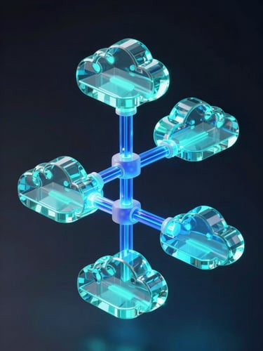 Isometric 3D render of glassmorphic cloud infrastructure nodes, glowing neon-cyan and electric-indigo data pipelines, dark obsidian background, high-contrast studio lighting.