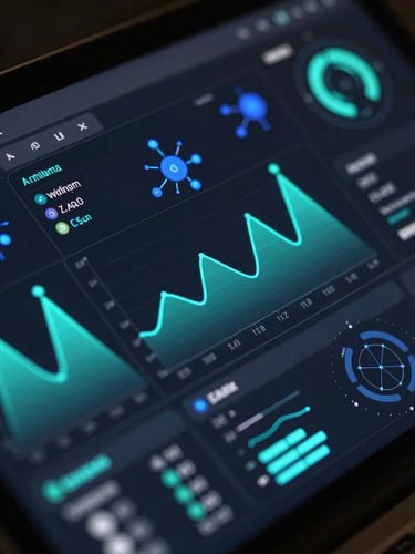 Macro close-up of a dark mode UI dashboard showing complex data visualization, neon-cyan telemetry charts, electric-indigo nodes, high-fidelity isometric render, low-key studio lighting.