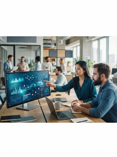 Wide panoramic of a modern, collaborative tech environment with clean lines and natural light, showing abstract data flows on screens, soft corporate blue and teal tones, shallow depth of field.