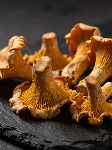 Extreme close-up of raw textured chanterelles on a dark stone surface, low-key dramatic lighting, shallow depth of field