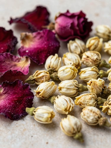 Extreme close-up three-quarter overhead of raw botanical ingredients — dried rose petals, jasmine buds, and ylang-ylang florets arranged on a pale stone surface, soft diffused north-facing light, rich texture, no hands, no water