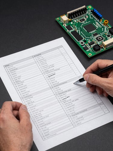 Close-up macro shot of hands holding a printed component specification sheet next to a circuit board on a matte black surface, north-facing studio light casting crisp even illumination, spec columns and part numbers visible in sharp focus