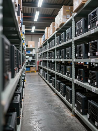 Wide shot inside a computer hardware warehouse, deep rows of metal shelving stacked with boxed components and labeled inventory bins, cool overhead fluorescent lighting casting sharp shadows, foreground shelf edge in focus with SKU labels clearly visible, industrial scale depth of field