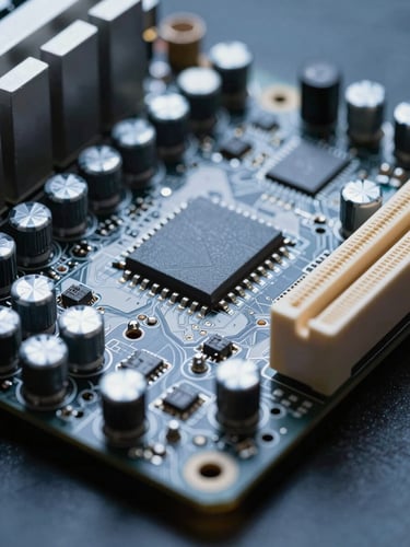 Extreme macro close-up of a high-density motherboard, camera positioned low and raking across the PCB surface from the right edge, revealing rows of capacitors and VRM heatsinks under studio strobe lighting with hard directional shadows, cool blue-white light, no warm fill, sharp focus on socket pins in the center third, dark background