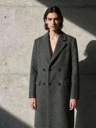 Cinematic portrait of a model in a sharp charcoal wool coat, standing against a brutalist concrete wall in Madrid, harsh midday sun casting deep geometric shadows, high contrast, minimalist composition, negative space on the left.