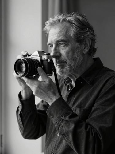 A high-contrast black and white portrait of photographer José Ignacio Ranger, holding a vintage camera, harsh side lighting from a window, soft shadows, elegant and minimalist composition.