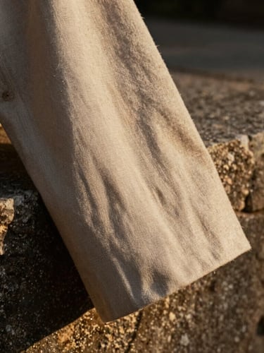 Close-up of raw linen fabric texture on a structured designer sleeve, draped over a rough stone ledge, low-angle golden hour light highlighting the weave, deep shadows, editorial framing.