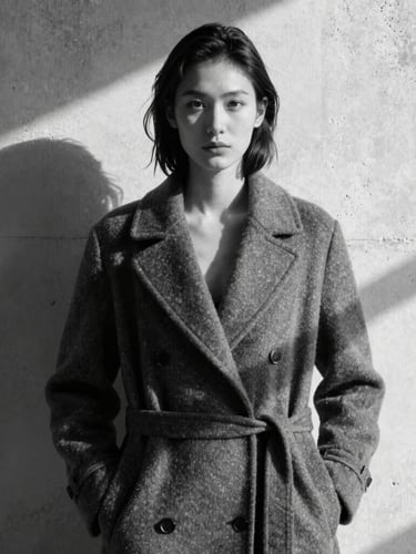 Cinematic portrait of a model in a structured wool coat, harsh natural shadows on a raw concrete wall, high-contrast black and white, editorial framing.
