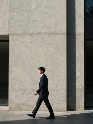 Cinematic vertical shot of harsh midday shadows cutting across a minimalist concrete facade in Madrid, a single figure in dark tailoring walking past, high contrast, natural light, elegant architectural geometry.