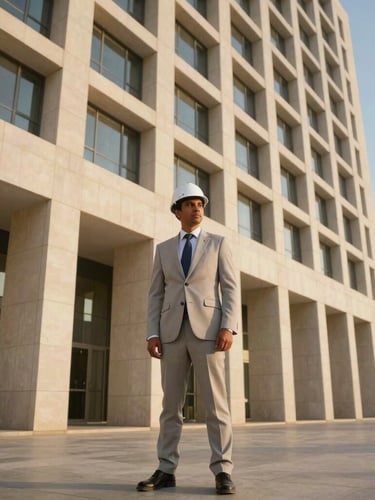 Professional portrait of an Egyptian civil engineer and executive in a crisp suit, standing before a modern architectural facade, golden hour light