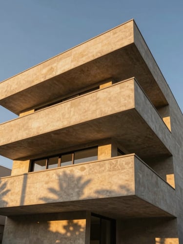 Dramatic low-angle architectural photograph of The Helix Residence facade, golden hour sunlight casting sharp shadows on warm sand-colored concrete, clean structural lines.