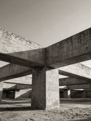 Dramatic high-contrast architectural photography, black-and-white structural engineering detail of concrete joints, strong leading lines, warm sand undertones