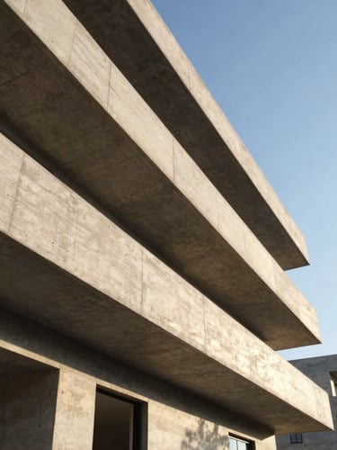 Low-angle architectural photograph of a modern residential concrete structure under crisp daylight, sharp leading lines, geometric concrete frames.
