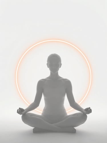 Symmetrical silhouette of a person in deep meditation, clean white backdrop, subtle glowing orange circular energy rings behind them, minimalist studio photography, crisp lighting, 50mm lens