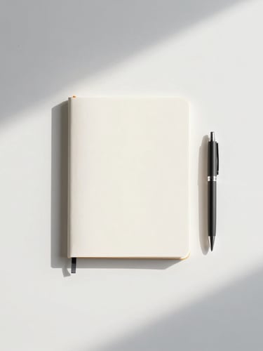 Minimalist overhead desk setup with a single notebook, a pen, and soft morning sunlight casting long shadows, clean white surface, sharp focus