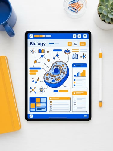 Vibrant digital mockup of an interactive study guide on a tablet screen, bright high-key studio lighting, cobalt and marigold accents, clean desk flat-lay.