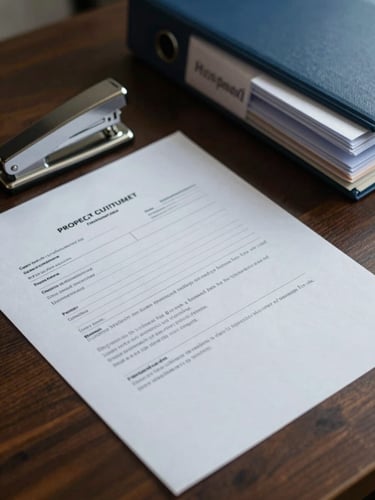 Overhead close-up of a desk surface with signed property documents, a metal stapler, and neatly labeled file tabs visible, cool studio work lighting from above, no hands, no faces, muted paper tones on a dark wood surface
