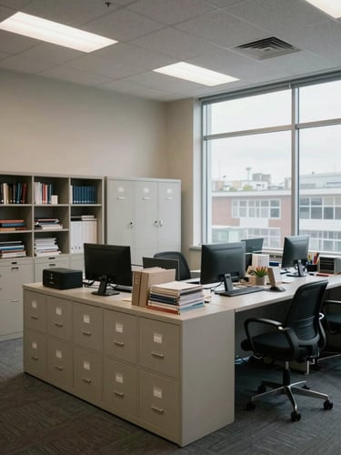 Wide shot of a well-lit property management office interior, organized filing cabinets and active work surfaces in the foreground, cool overcast daylight through large windows on the right side, no people visible, clean institutional environment