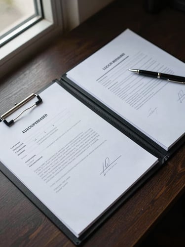 Close overhead shot of an open property file folder on a desk, signed lease documents visible, a pen resting on the papers, cool office window light from the left, organized and precise