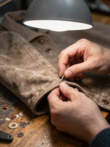 Hands working a seam on a suede jacket under a bright workshop lamp, close-up detail of stitching and leather texture, worn wooden workbench surface visible, no faces