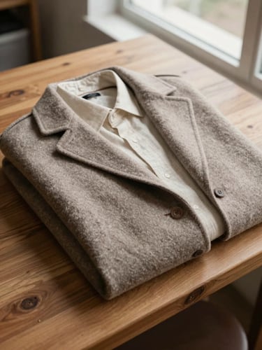 Close-up overhead flat-lay of a folded wool coat and a cream linen shirt on a wooden counter, natural daylight from a side window, no people, muted warm tones