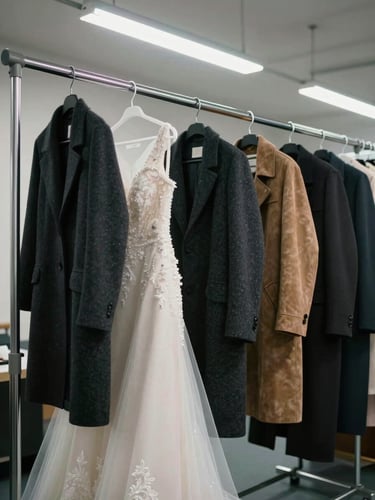 Wide shot of a dry cleaning rail with a wedding dress, dark wool coats, and a suede jacket hanging in a row, shot under cool fluorescent workshop light, close on the hanging garments from a slight low angle, neutral background wall visible