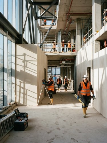 Modern active construction site with high-visibility gear workers, crisp morning light casting architectural shadows on newly leveled plaster walls, wide-angle realistic shot