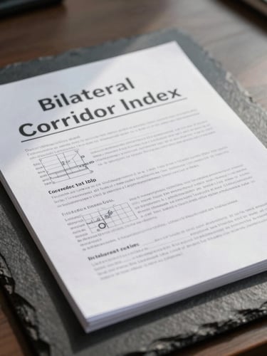 Tight macro photograph of a bound, printed intelligence brief resting on a dark slate boardroom table. Sharp, directional interior office lighting casts crisp shadows across the heavy paper texture, highlighting technical charts and the words 'Bilateral Corridor Index'. No people, clean corporate atmosphere.