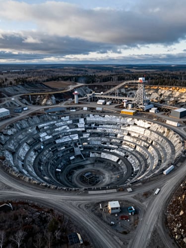 Aerial wide-angle view of a remote Canadian critical mineral mining operation in northern Ontario, rugged landscape under overcast cool northern daylight, high-contrast, metallic textures.