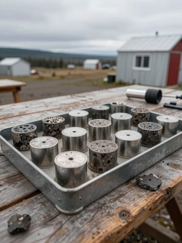 A high-angle, crisp overcast shot of a geological core sample tray on a rustic wooden table at a northern Canadian mining camp, metallic cylinders of rock catching the cool daylight.