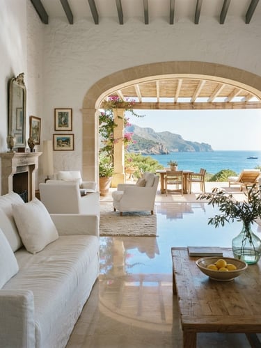 Amplio interior de villa mediterránea bañado por el sol, con suelo de mármol pulido y muebles blancos, reflejando el cielo de Mallorca, luz natural cálida, suaves sombras, estética residencial de lujo, 35mm.