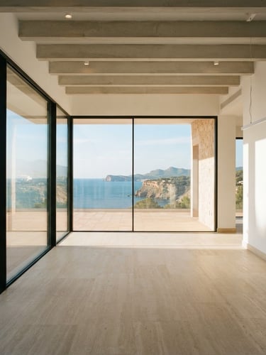 Wide-angle shot of a newly constructed, empty modern room in Mallorca, pristine and sun-drenched, with light reflecting off clean glass, architectural lines, soft shadows, high-end residential aesthetic, 35mm