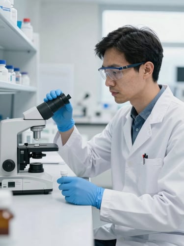 A clinical pharmacist in a white coat analyzing a pharmaceutical sample in a modern Lausanne laboratory, bright neutral daylight, crisp white and deep blue tones, sharp focus, 35mm lens