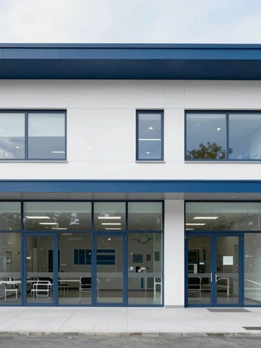 A clean clinical photograph of an architectural exterior of a modern sports medicine facility in Lausanne, bright neutral daylight, crisp white and deep blue tones, sharp focus, 35mm lens.