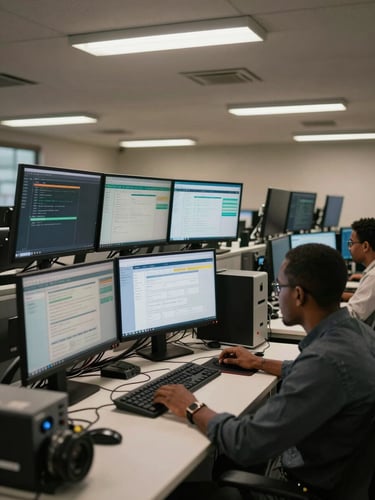 Wide shot of an active office workspace in Dar es Salaam, multiple monitors displaying data dashboards and system interfaces, overhead fluorescent lighting, cables and equipment visible, a quiet productive environment during working hours