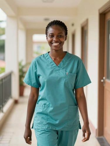 A professional Ghanaian nurse in clean teal scrubs smiling warmly in a bright, modern care home corridor, West African natural sunlight.