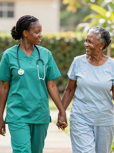 A professional Ghanaian nurse in clean green scrubs holding the hand of a smiling elderly grandmother in a sunlit garden, warm editorial photography, soft natural daylight.
