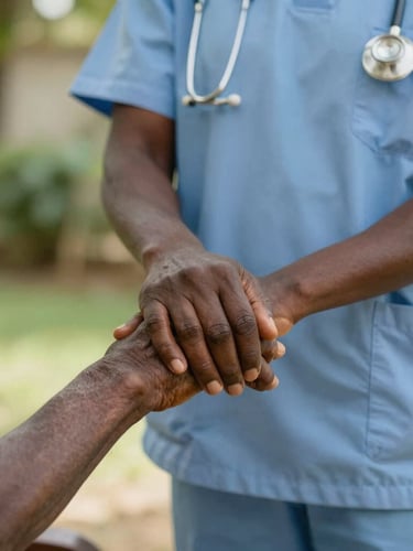 A close-up of a compassionate Ghanaian caregiver holding the hand of an elderly resident in a sunlit garden, shallow depth of field, warm editorial style.